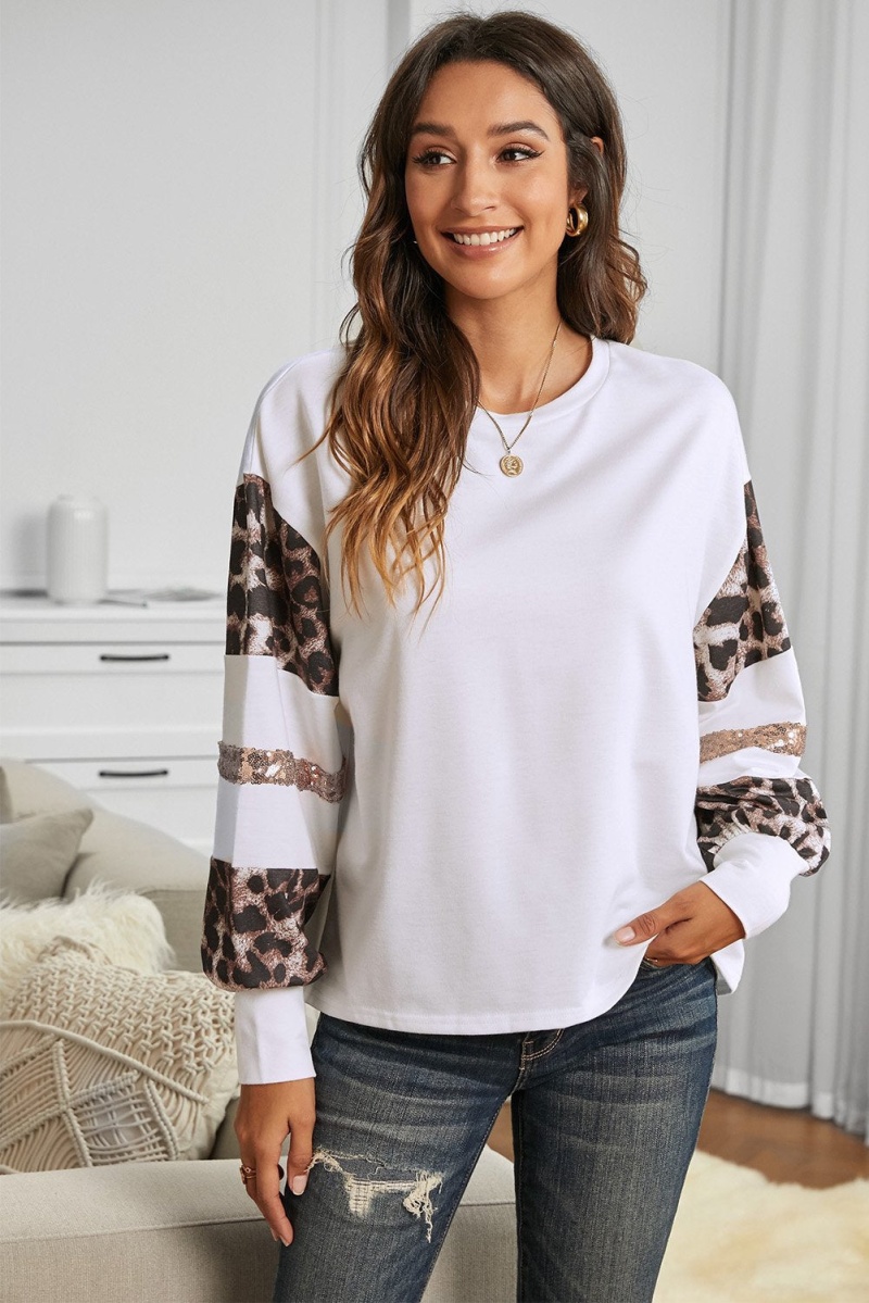 Sequins Patchwork Leopard Print Crew Collar White Long Sleeve Top