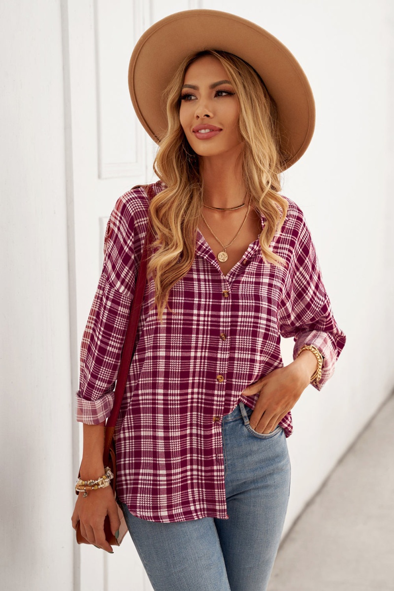 Casual Red Relaxed Fit Plaid Button Shirt