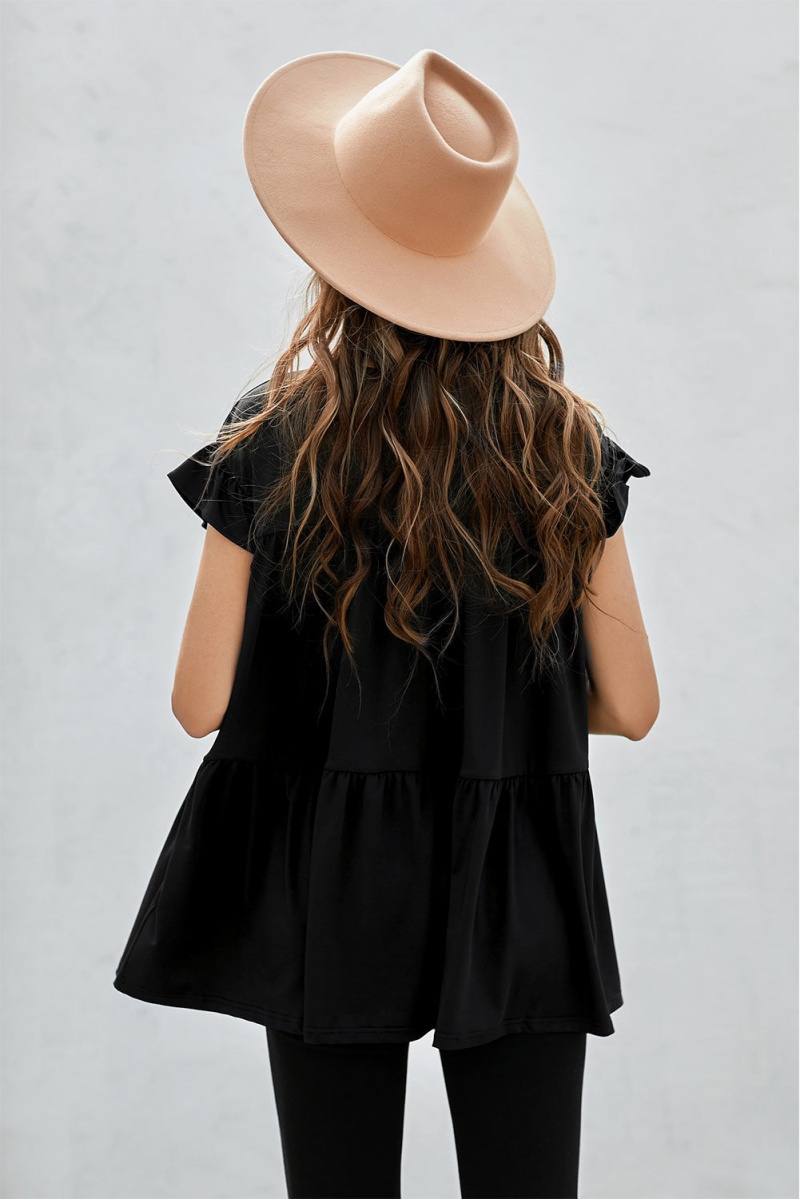 Black Short Sleeve Keyhole Loose Ruffled Babydoll Top