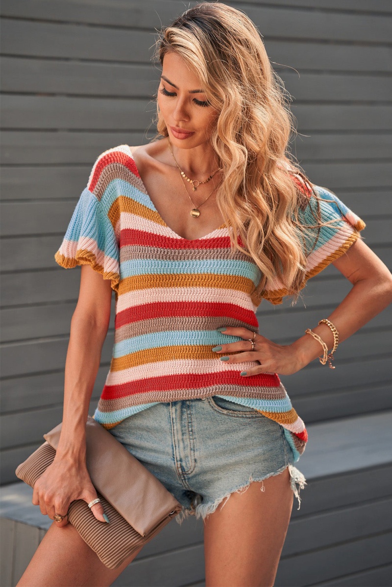 Cute Multi-Color Striped Ruffle Short Sleeve Summer Knit Top