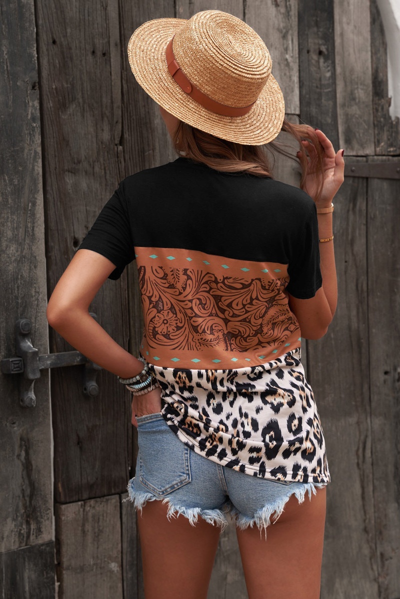 Fashion Black Leopard Print Buckstitch Splicing Color Block T-Shirt