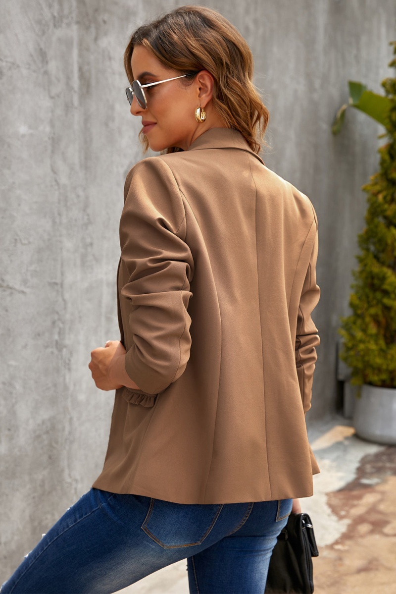 Women's Elegant Brown Lapel Collar Button Pocket Office Blazer