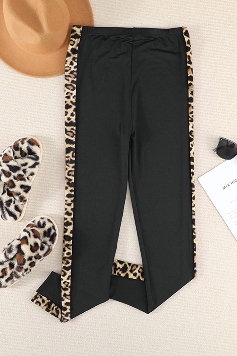 Women's Fashion Black Leopard Splicing Mid Waist Stretchy Skinny Pants
