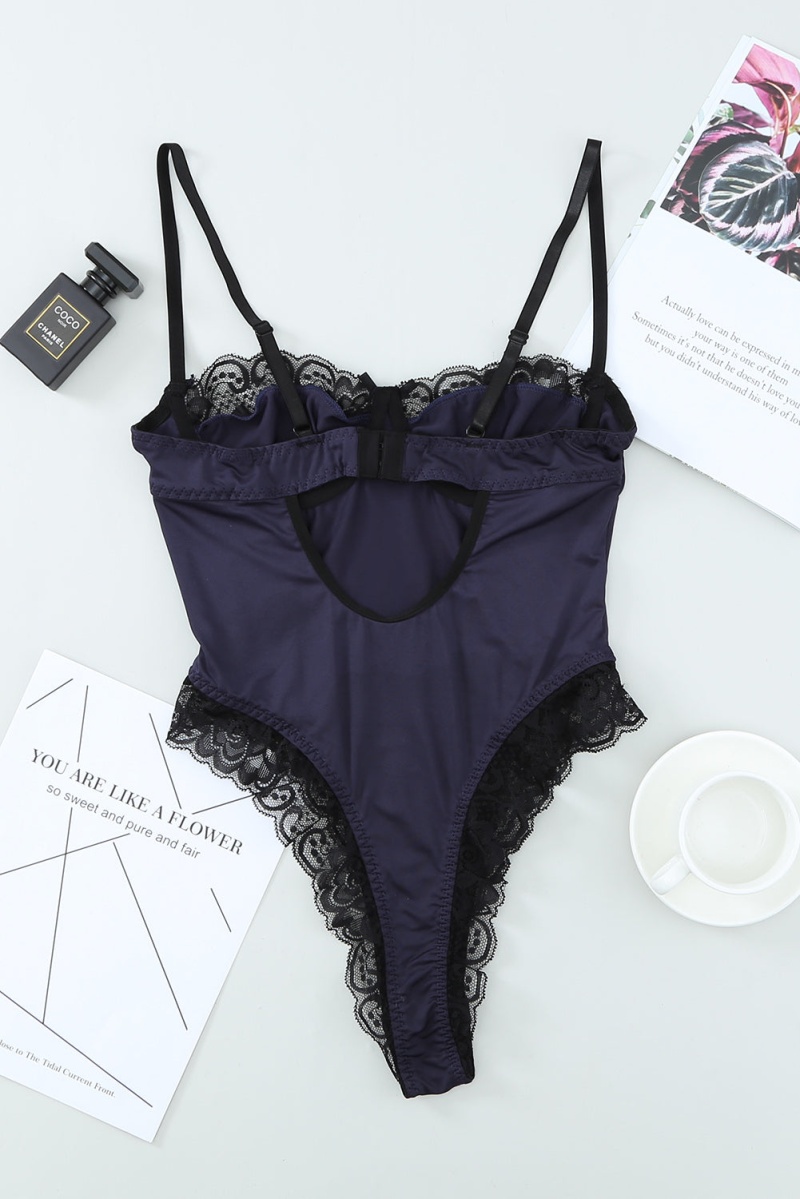 Contrast Lacy High Cut Spaghetti Straps Navy Bodysuit