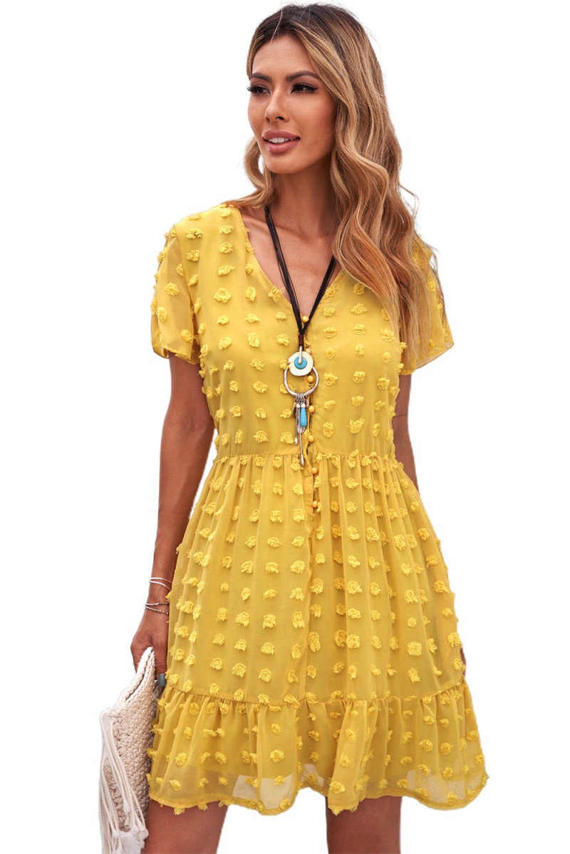 Modest Yellow Polka Dot V Neck Ruffled Short Sleeves Mini Dress