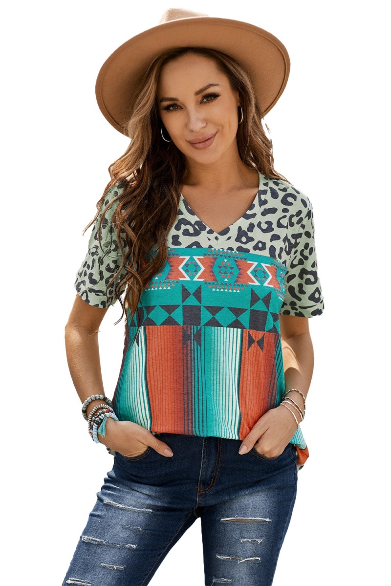 Multi-Color Leopard Serape Print Short Sleeve V Neck T-Shirt