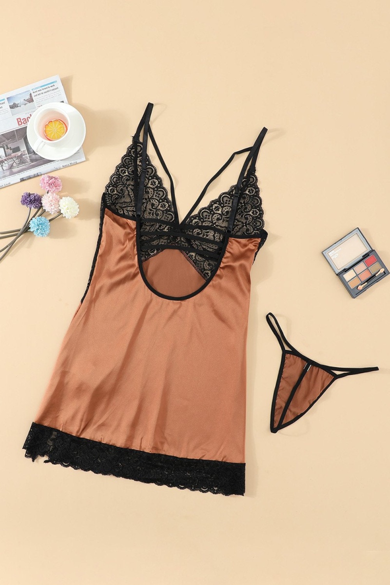 Apricot Black Lace Open Back Spice Satin Babydoll With Slit