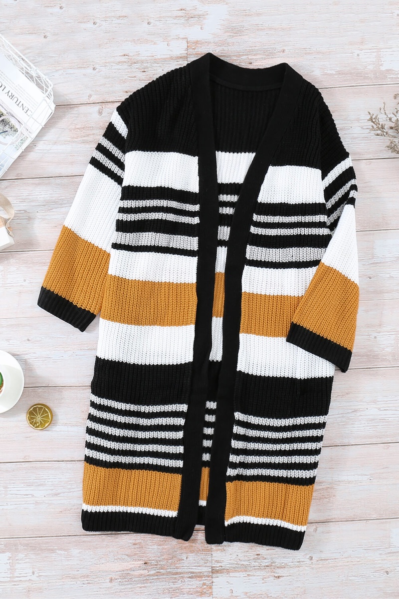 Multicolor Pocketed Novelty Striped Chenille Long Cardigan