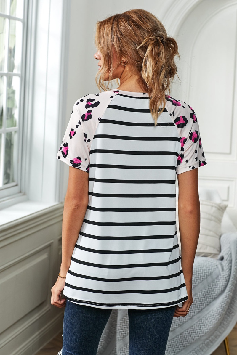 Women's White Leopard Stripe Pocket Short Sleeve T-Shirt