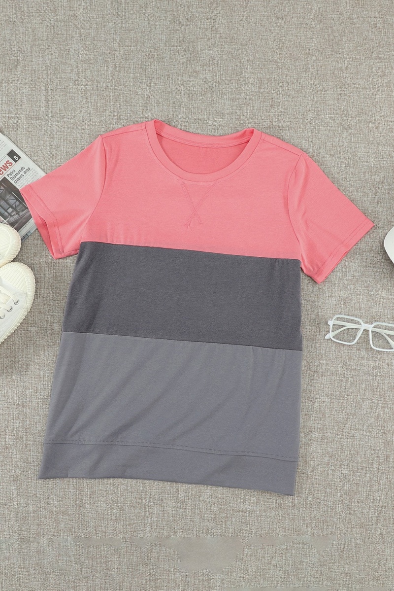 Women's Gray Contrast Colorblock Short Sleeve Casual T-Shirt