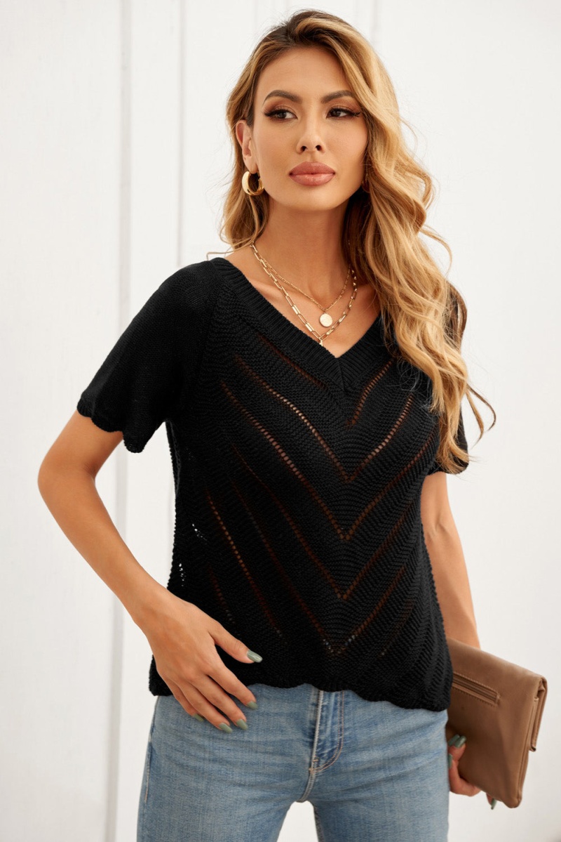 Short Sleeve Black V Neck Eyelet Knitted Top With Scalloped Trims