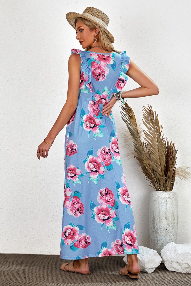 Sky Blue Ruffle Sleeveless High Waist Floral Maxi Dress