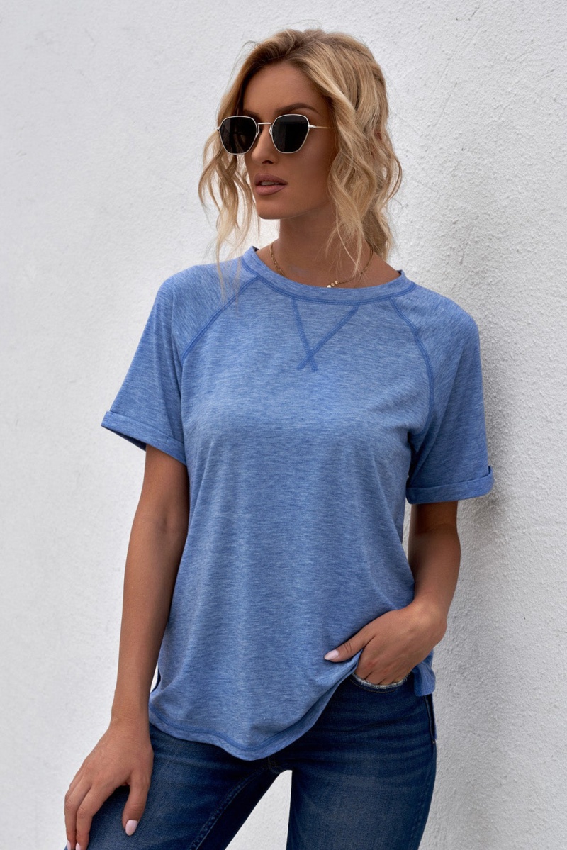 Women's Summer Blue Heathered Round Neck T-Shirt