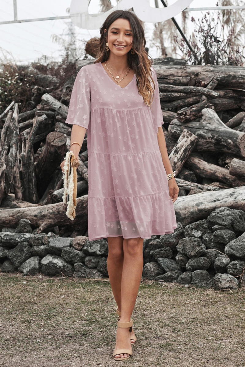 Casual Pink Short Sleeve V Neck Tiered Babydoll Lace Dress