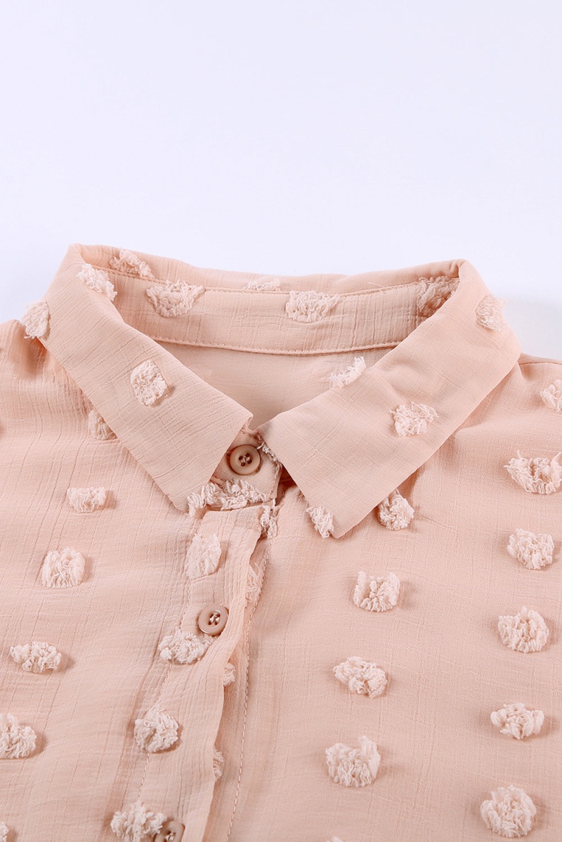 Classic Khaki Buttoned Swiss Dot Turn-Down Collar Short Sleeve Shirt