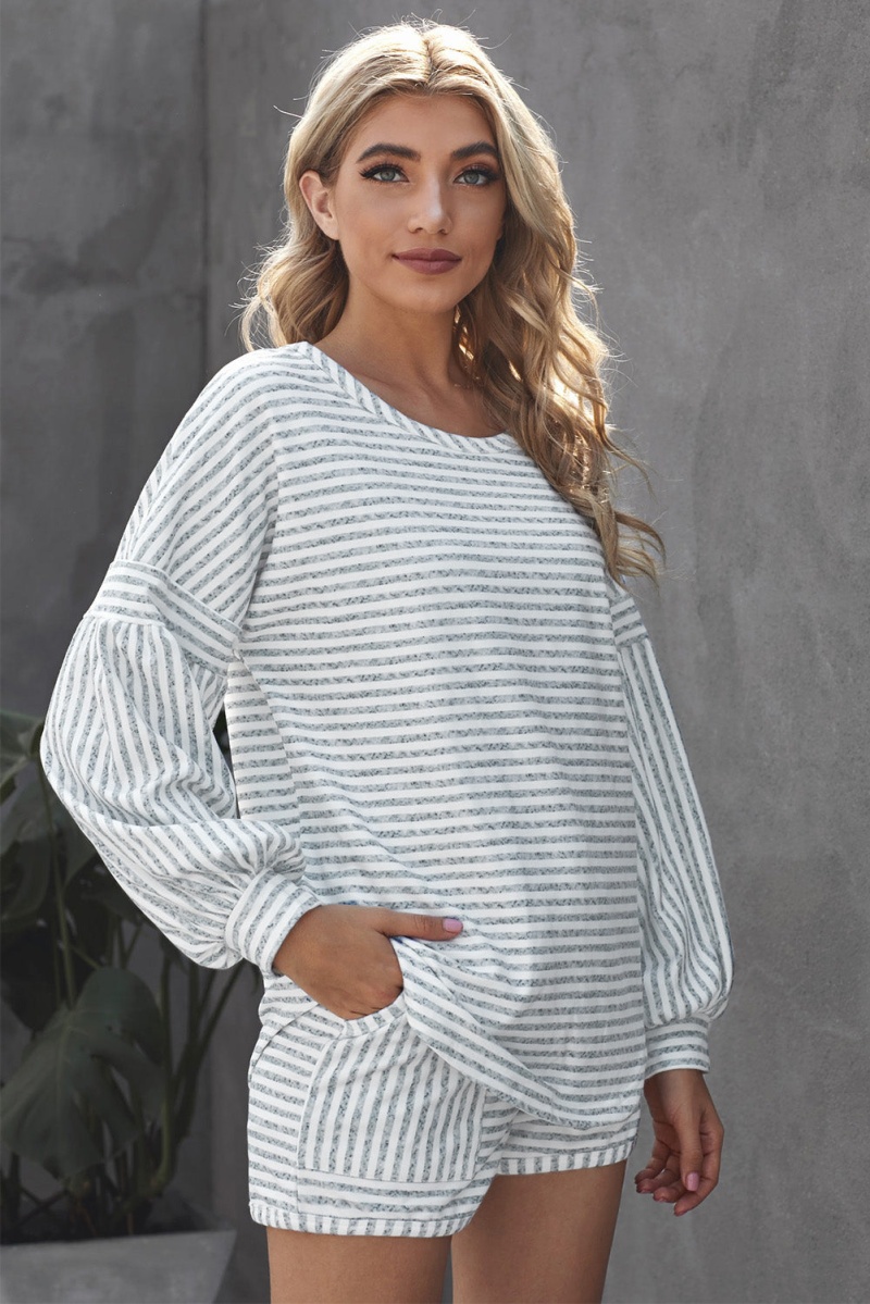 Balloon Sleeve Gray Striped Cotton Blend Top & Drawstring Shorts Set