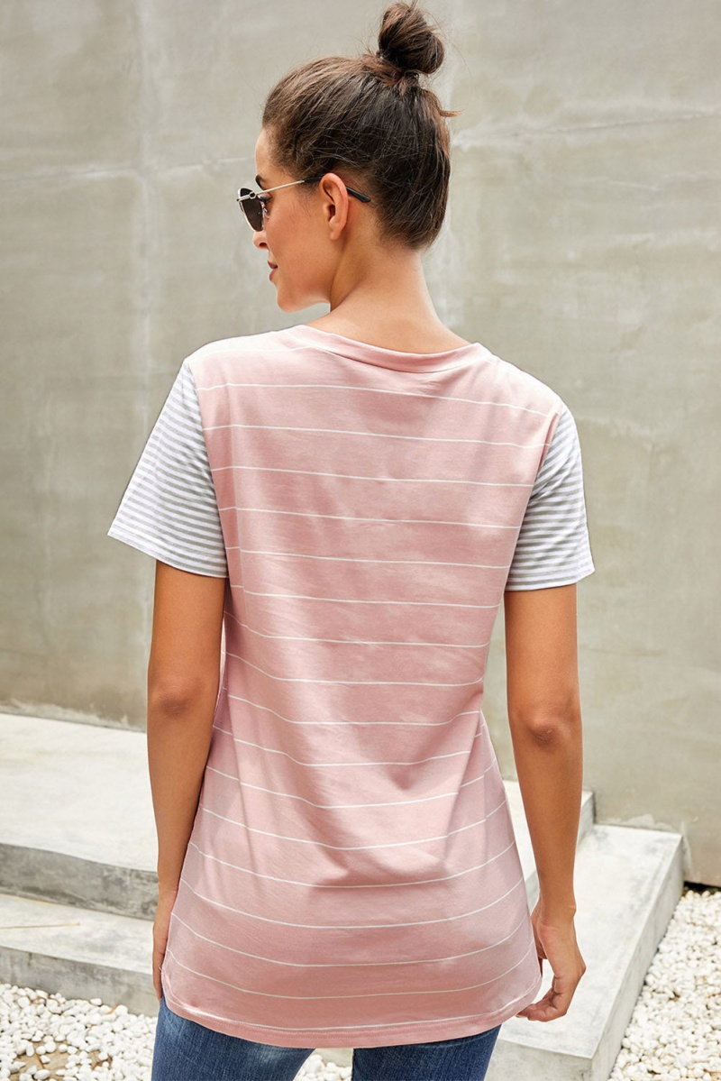 Women's Pink Striped Short Sleeve Contrast Color T-Shirt With Pocket