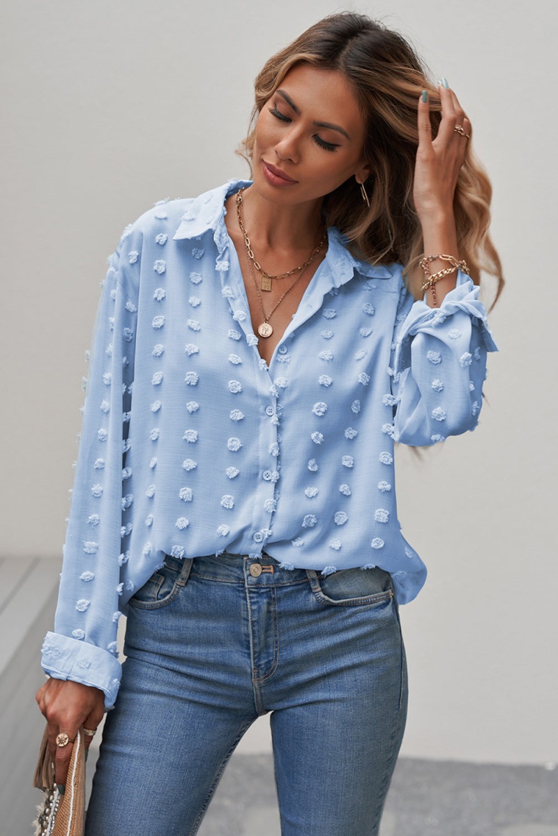 Women's Sky Blue Long Sleeve Button Fuzzy Polka Dot Work Shirt