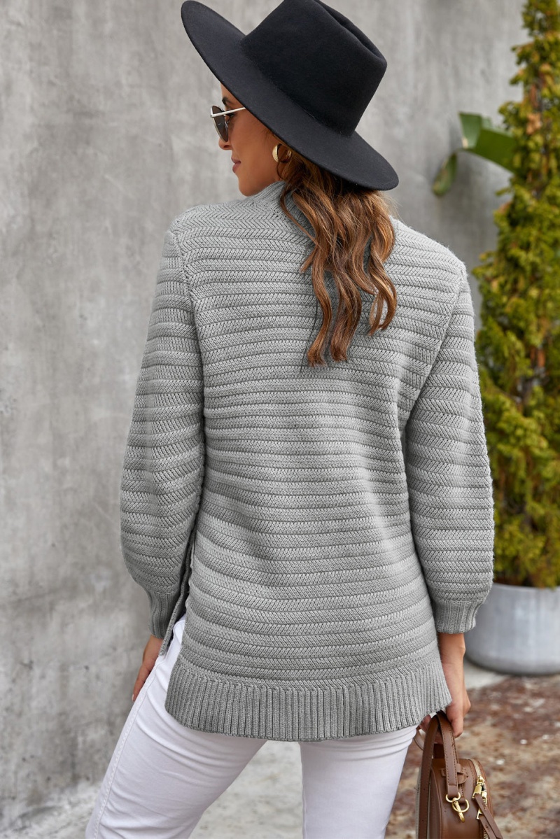 Winter Gray Solid Color Stand Collar Textured Sweater