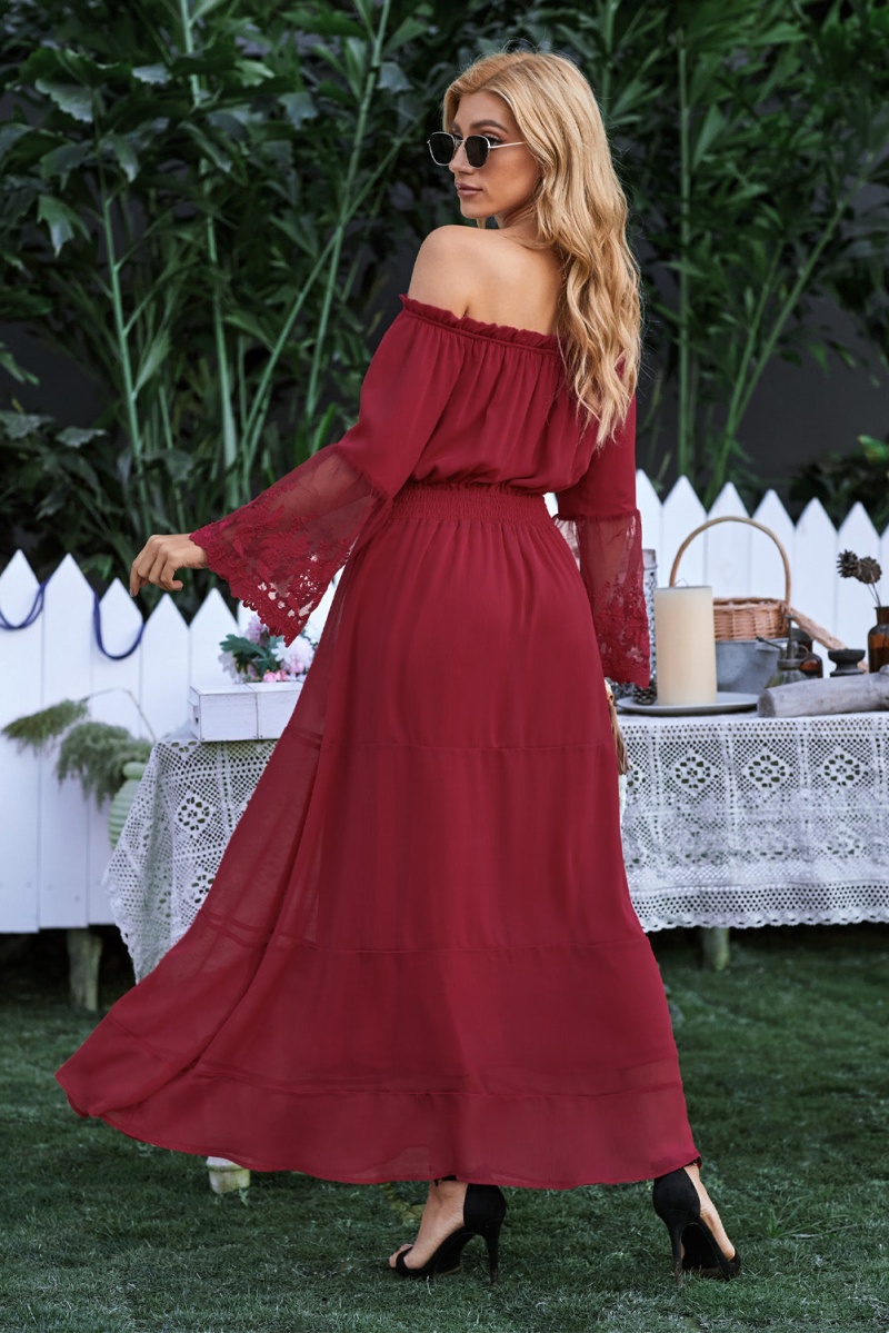 Chic Wine Off Shoulder Embroidered Flared Sleeve Lace Maxi Dress