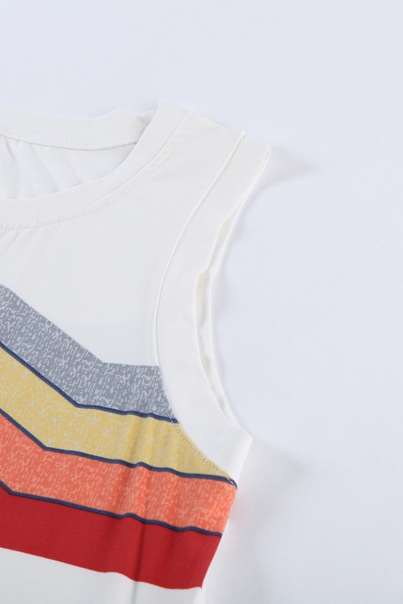 Women's Crew Neck White Colorblock Stripes Tank Top