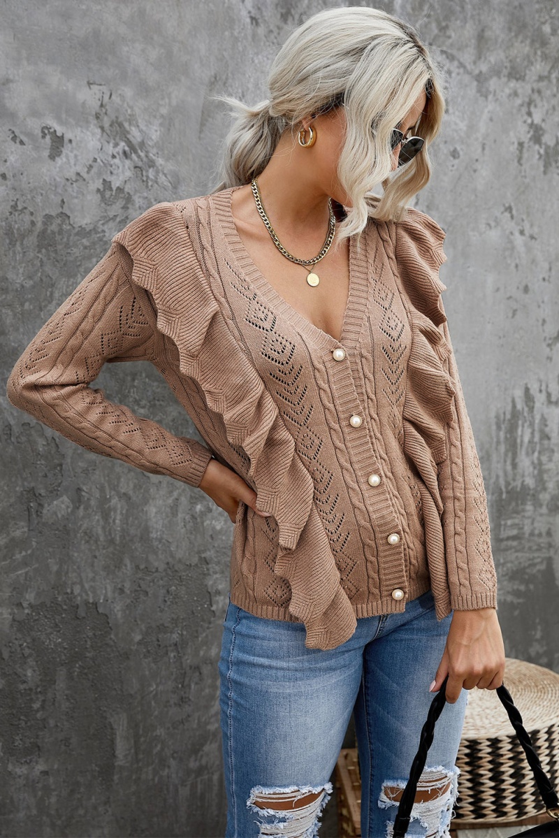 Khaki Ruffled Buttoned Open Front V Neck Knitted Sweater