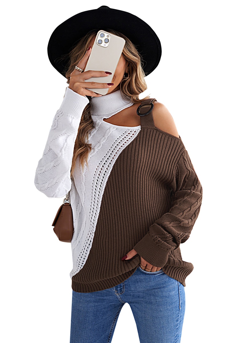 Chic Brown White Turtleneck Cold Shoulder Sweater
