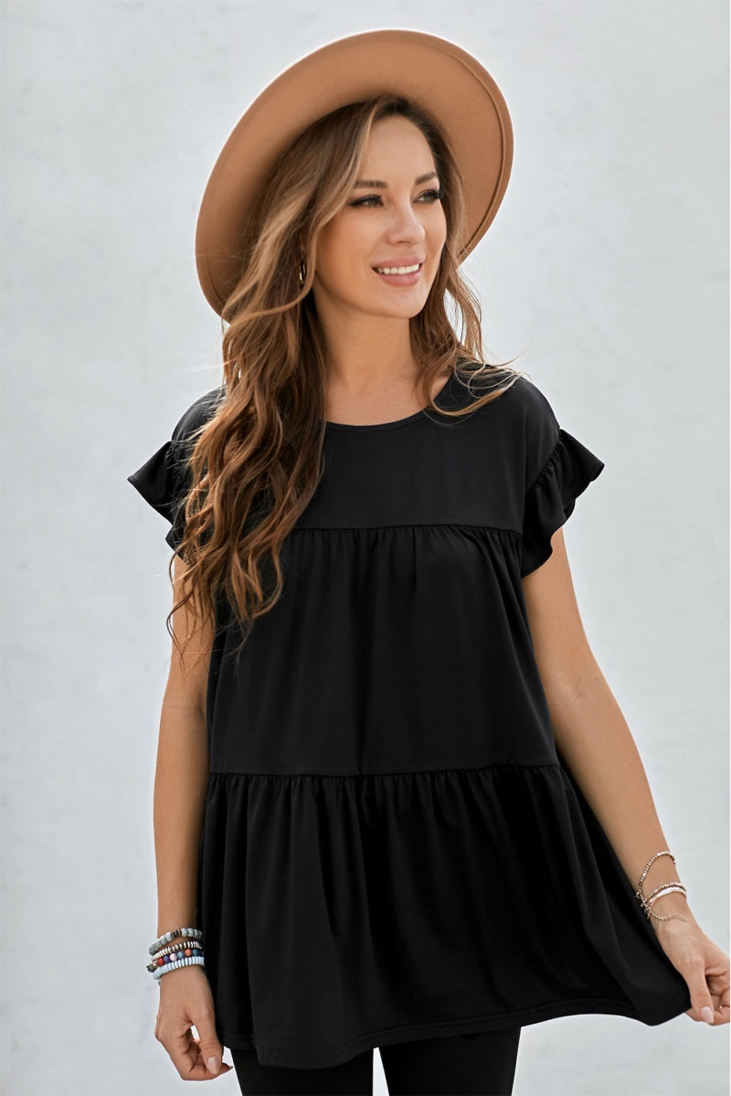 Black Short Sleeve Keyhole Loose Ruffled Babydoll Top