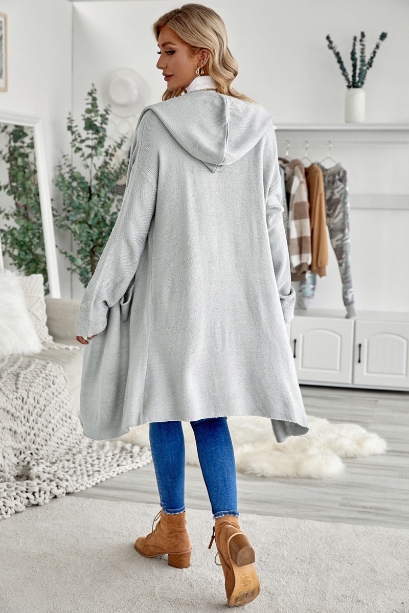 Winter Casual Gray Open Front Hooded Sweater Cardigan