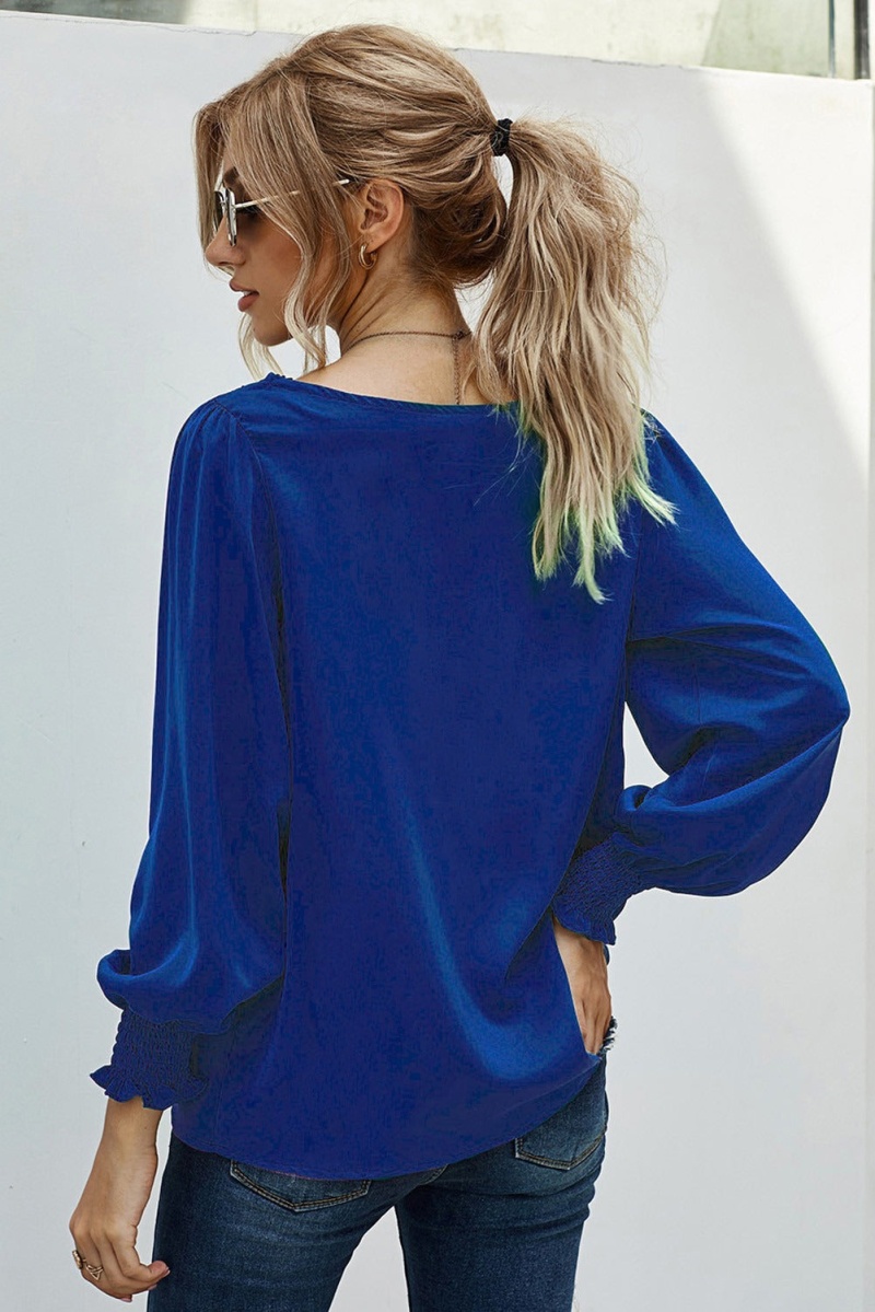 Long Sleeve V Neck Lace Patchwork Blue Blouse
