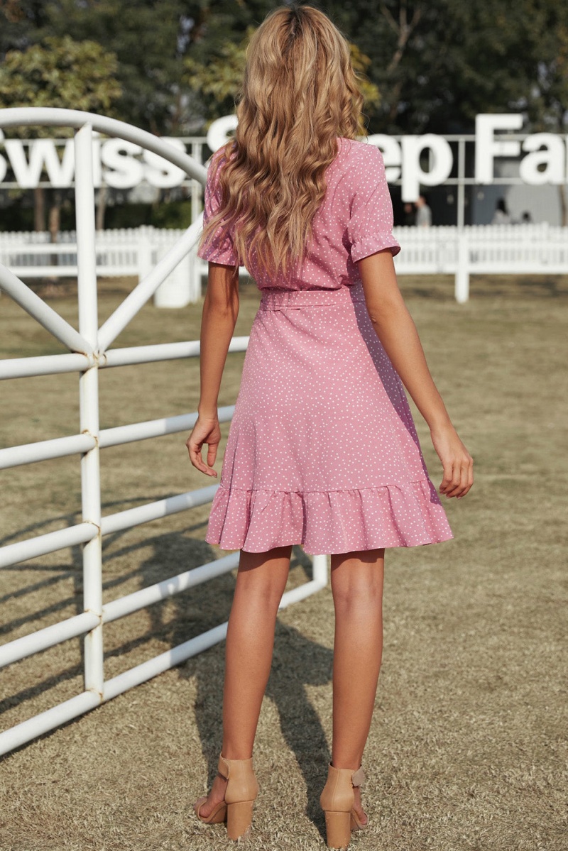 Pink Bohemian Dotted Print Wrap V Neck Short Sleeve Ruffled Mini Dress