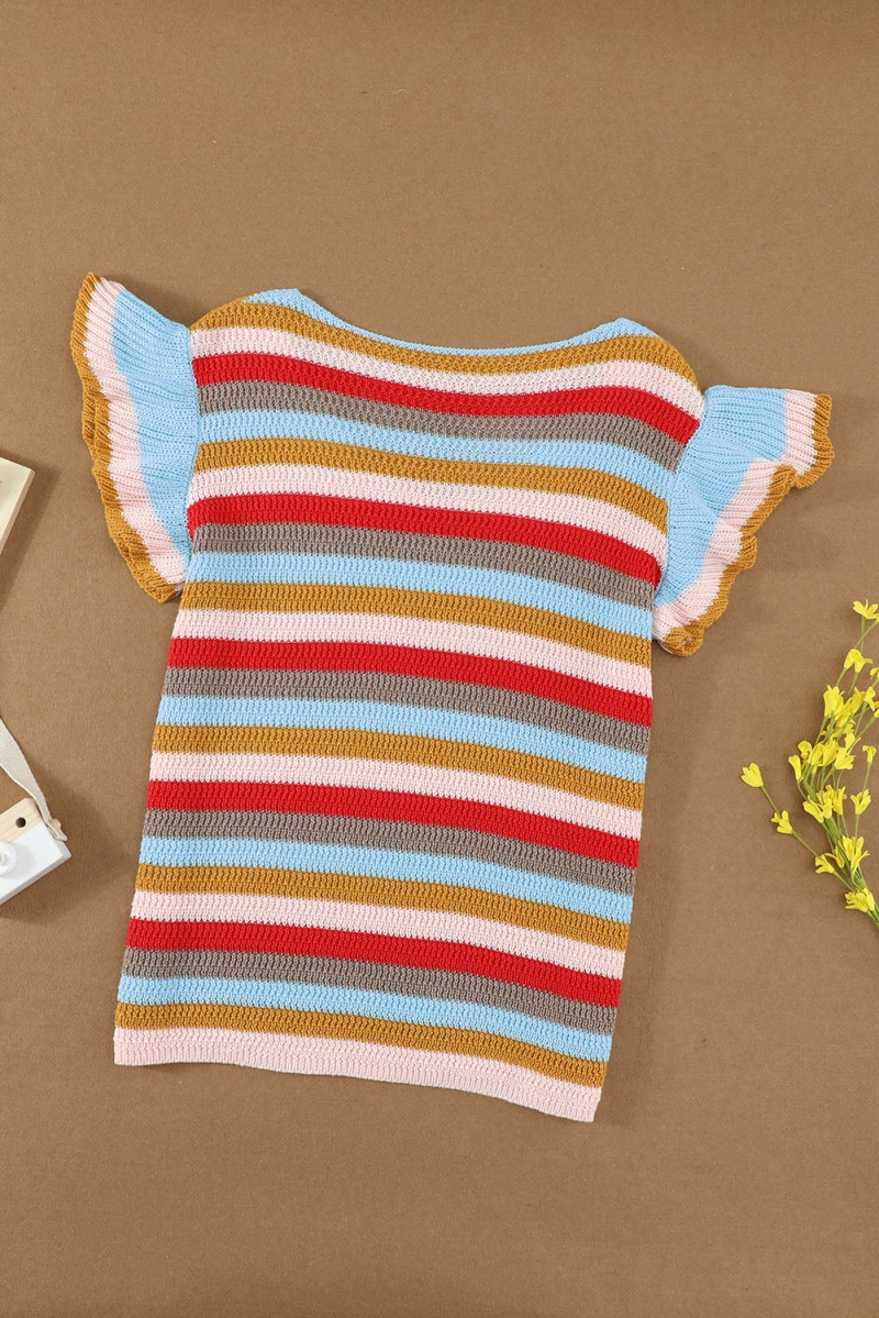 Cute Multi-Color Striped Ruffle Short Sleeve Summer Knit Top