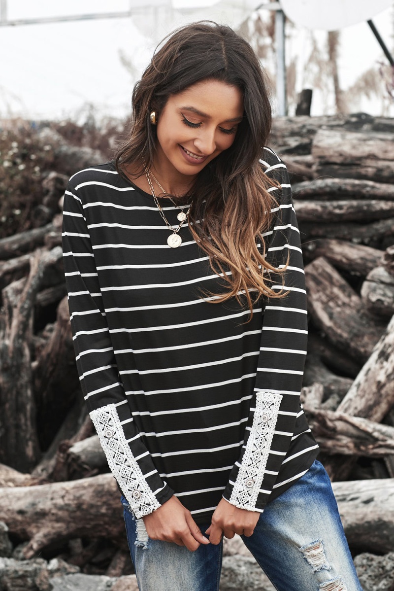 Black White Striped Lace Button Detail Long Sleeve Top