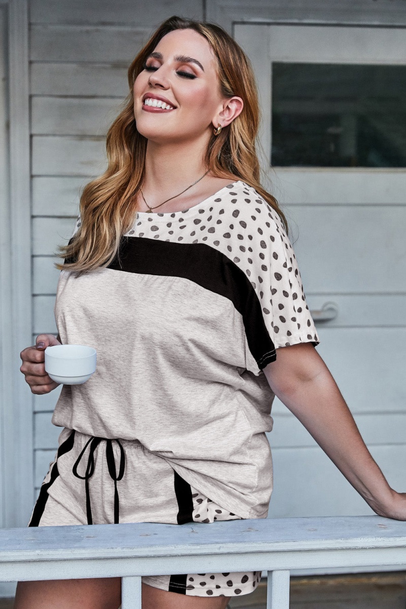 Women's Gray Dotted Print Colorblock Tee Shorts Loungewear