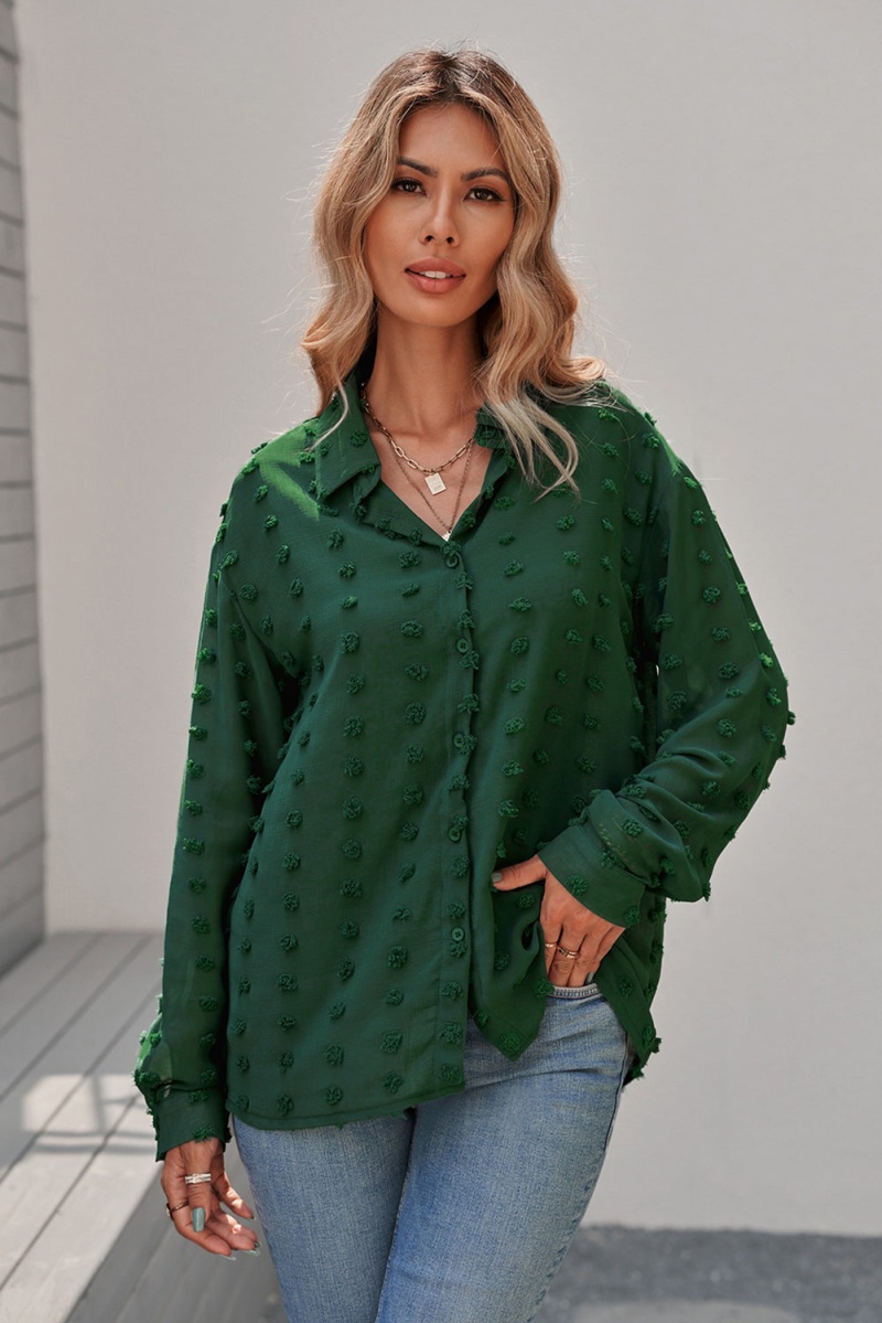Women's Green Long Sleeve Button Fuzzy Polka Dot Work Shirt