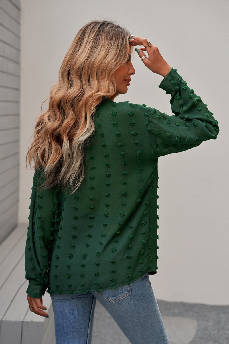 Women's Green Long Sleeve Button Fuzzy Polka Dot Work Shirt