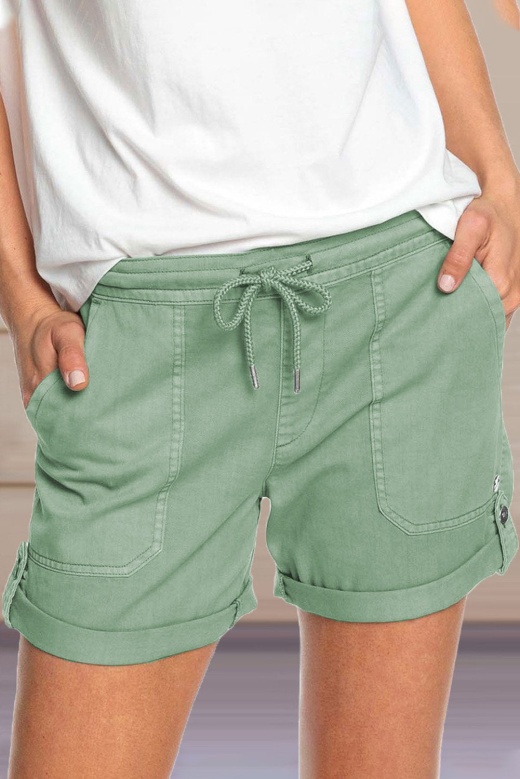 Women's Green Elastic Waistband Pocket Drawstring Shorts With Button