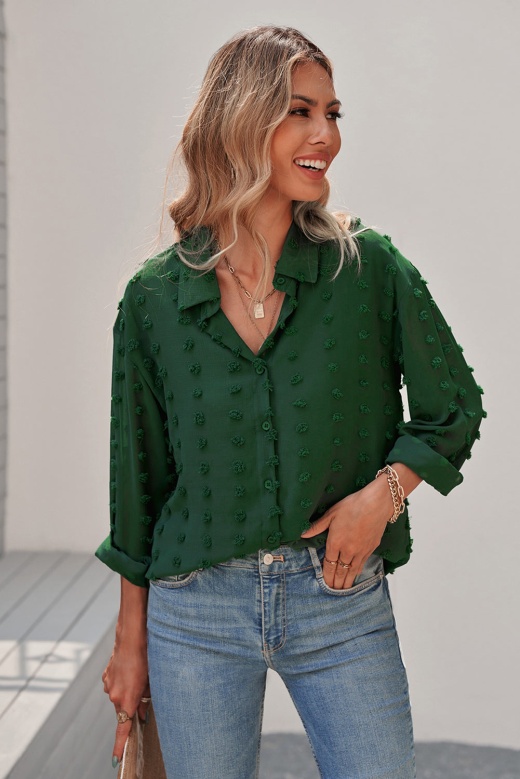 Women's Green Long Sleeve Button Fuzzy Polka Dot Work Shirt - Modeshe