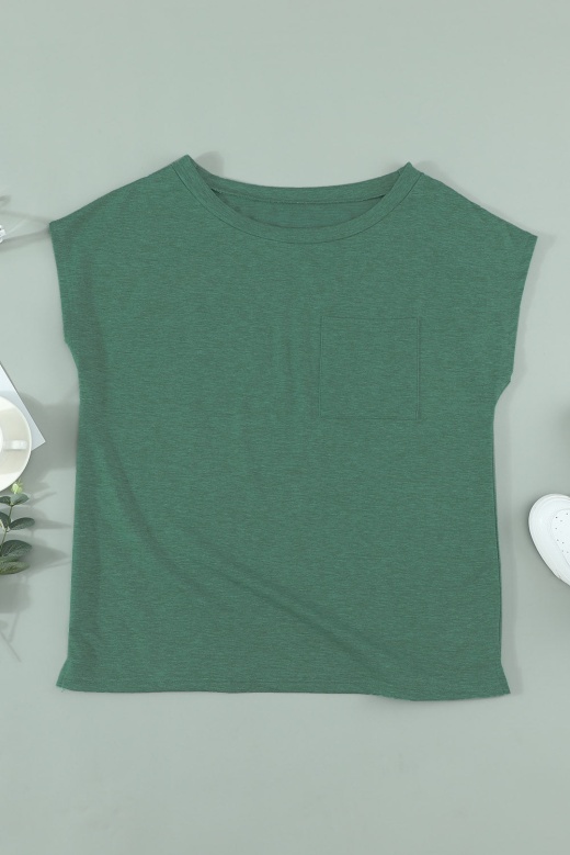 Green Pocketed O Neck Short Sleeve Tee With Side Slits