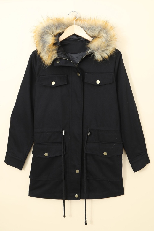 Women's Black Zipper Snaps Pocket Plush Hooded Parka Jacket