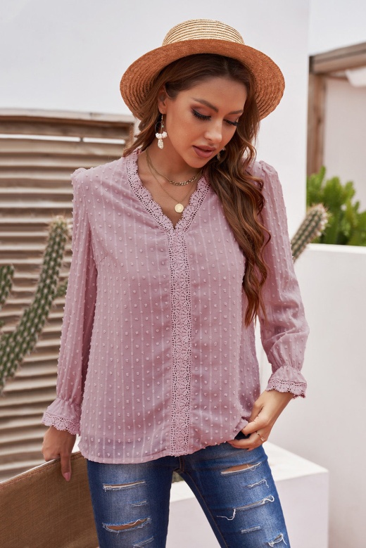 Modeshe Chic Pink Elegant Long Sleeve V-Neck Swiss Dot Lace Blouse