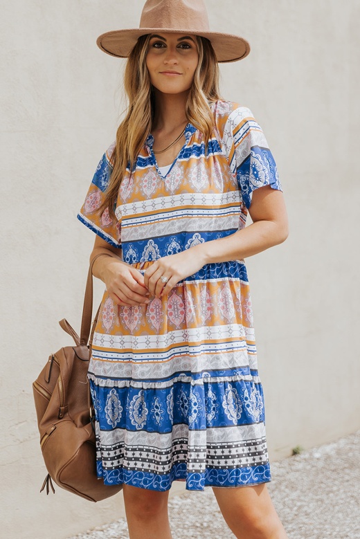 Beige Blue Accent Color Block Bohemian Print Short Sleeve Mini Dress