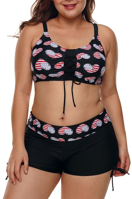 Modeshe Black Heart American Flag Plus Size Two Piece Swimsuit