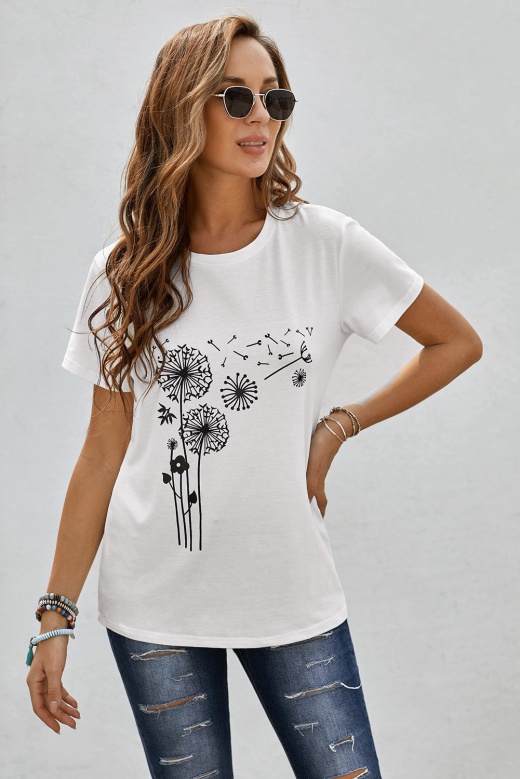 Women's White Crew Neck Dandelion Print Short Sleeve T-Shirt