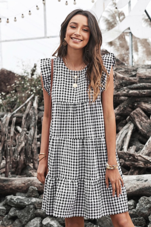 Black White Plaid Ruffled Sleeveless Swing Mini Dress