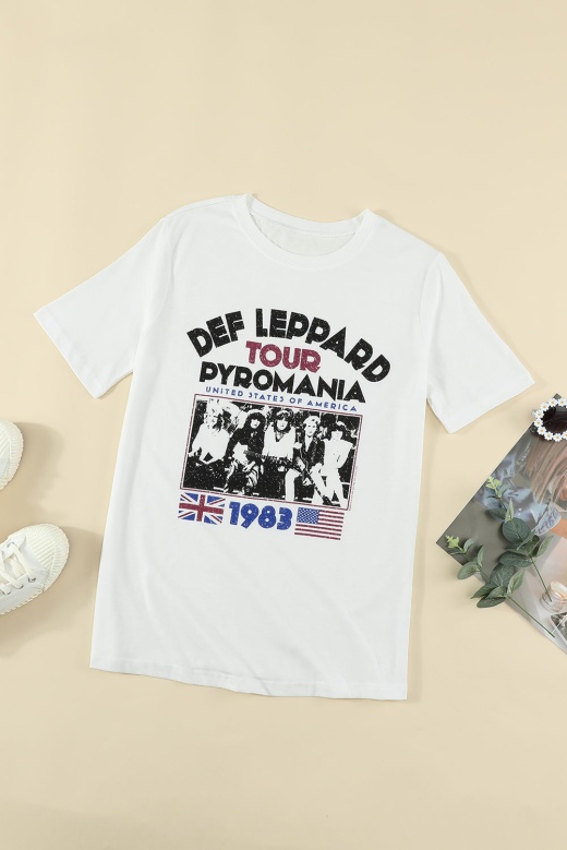 White Short Sleeve Def Leppard Tour Pyromania Graphic Tee