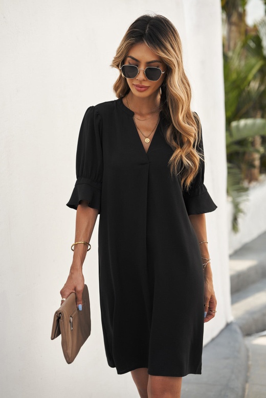 Black Ruffled Sleeve Shift Shirt Dress - Modeshe
