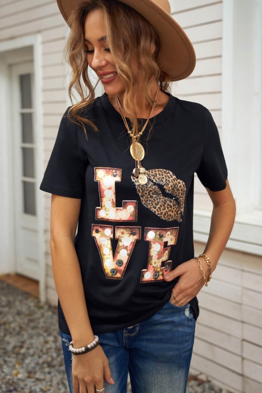Women's Black Crew Neck Cartoon Letter Print Valentine Tee
