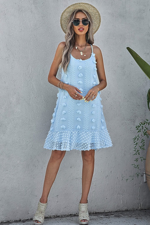 Chic Cute Light Blue Spaghetti Straps Jacquard Ruffle Mini Dress