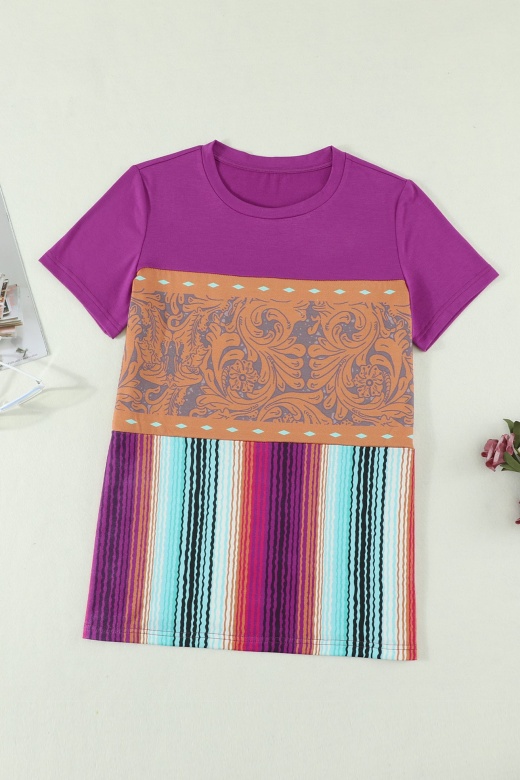 Purple Colorblock Short Sleeve Splicing Mixed Prints T-Shirt for Women